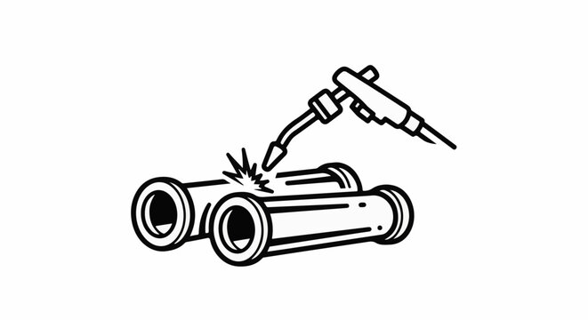 Industrial welding torch joins two pipes with sparks flying