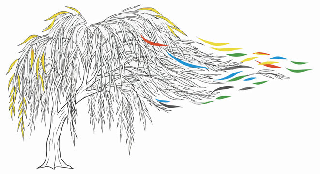 Line art of a weeping willow tree with some leaves colored in Olympic ring colors