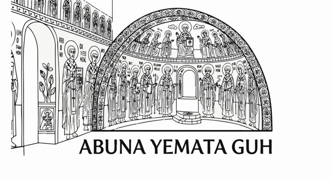 Interior church mosaic depicting figures in robes, with a text inscription below
