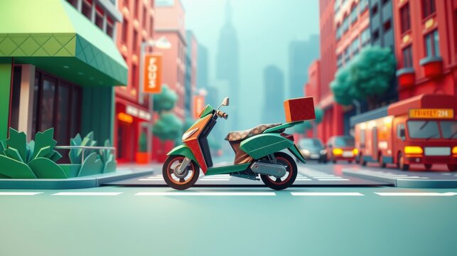 Stylized city street scene. Scooter delivers package amidst buildings, vehicles. Bright colors, low poly aesthetic.