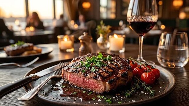 A succulent medium-rare grilled steak served with cherry tomatoes and red wine in a cozy, candlelit restaurant atmosphere during sunset.