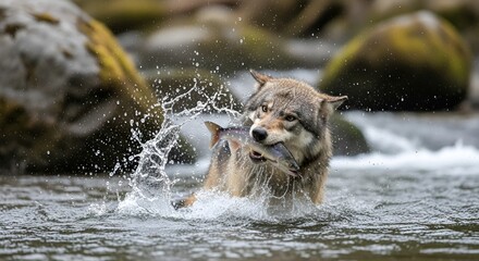 Amidst the lively currents, a determined wolf showcases its hunting prowess, holding a recently caught fish in its jaws, displaying a vivid representation of wildlife and nature's raw beauty © Juniarto
