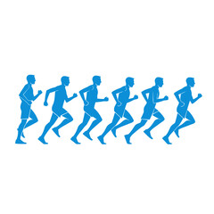 Fototapeta premium Blue Silhouettes of Runners in Motion Sequence on White Background