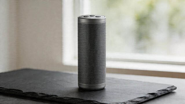 Portable wireless speaker modern home technology smart audio device with controls minimalist interior design lifestyle gadget for music streaming high fidelity sound system