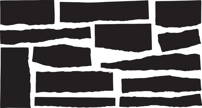 Collection of isolated black paper scraps, torn fragments, and blank ripped notes with realistic rough edges, over a clean white background.