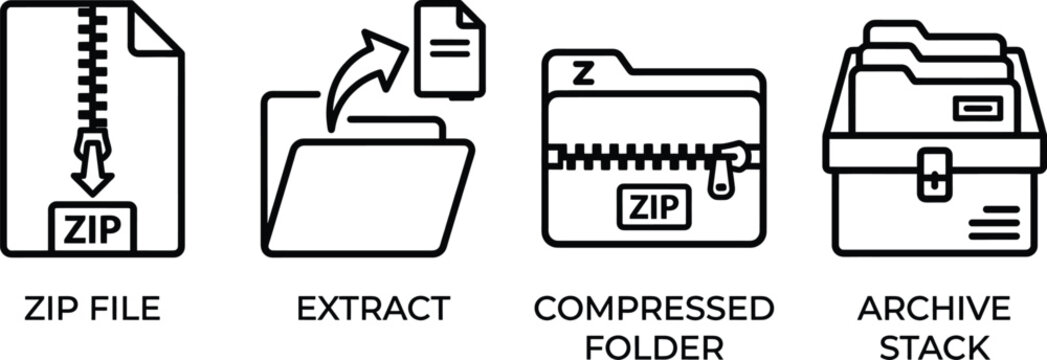 File management icons representing zip file extract compressed folder and archive stack