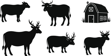 Farm animals and barn silhouette collection cows deer and rustic building © MDSAIFUL