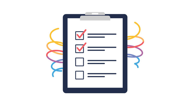 Vertical clipboard with a white paper document showing a checklist with two tasks marked with red check marks and two empty boxes.