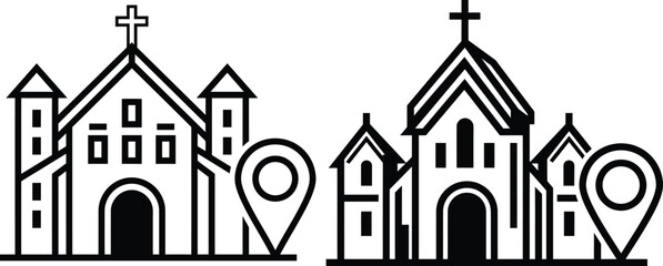 Fototapeta premium Church location icon set, vector illustration of religious building with map pin