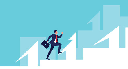 Fototapeta premium Businessman in suit holding briefcase climbs career ladder toward success and achievement on abstract background with arrows.