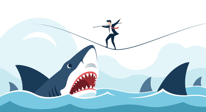 Brave businessman balancing on a tightrope while holding pole above dangerous hungry sharks in a rough ocean setting.
