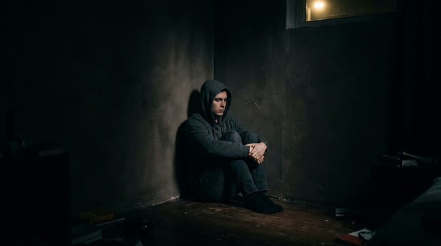 Man in hooded sweatshirt sitting in dark empty room sweatshirt loneliness isolation dystopian concrete silhouette contemplation clothing interior distressed atmosphere solitary