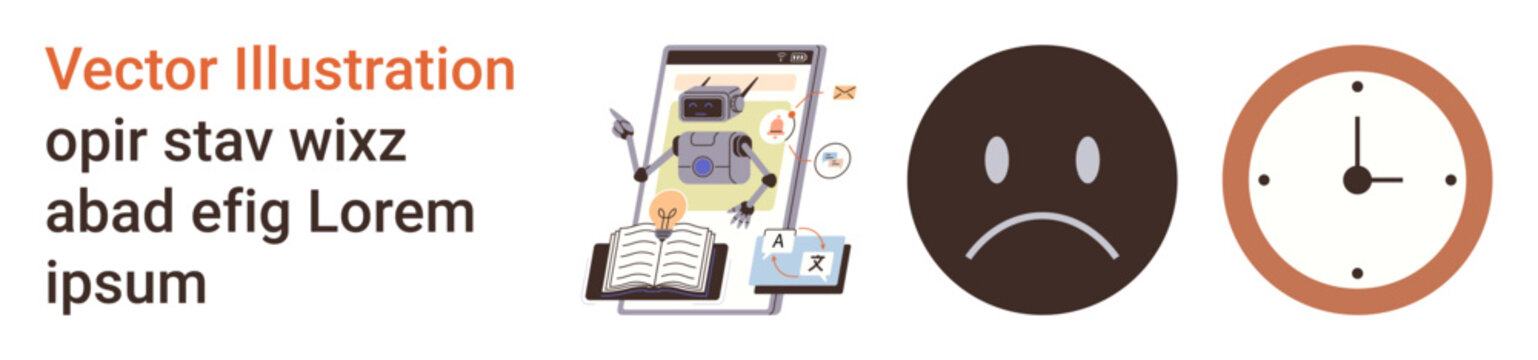 Artificial intelligence, language translation, emotional analysis, productivity, education, time management. A robot on a tablet, a sad face and a clock. AI and language translation concepts