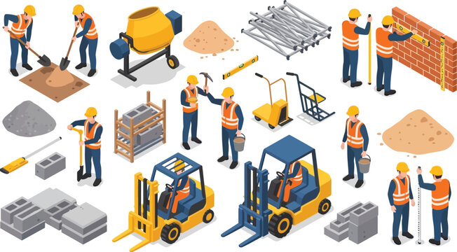 Isometric construction workers set with forklifts cement mixer and building materials for industrial site development project vector illustration