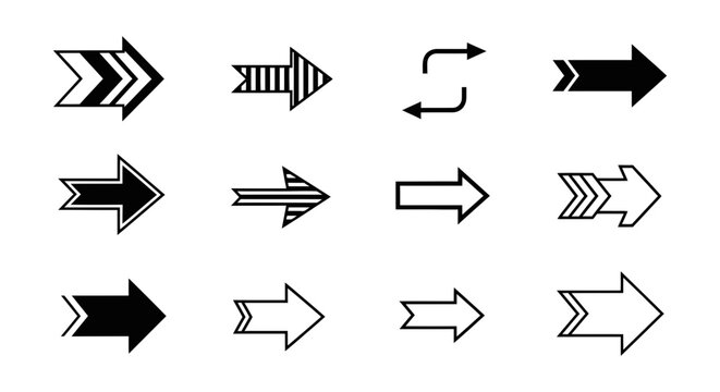 Set of black and white arrow icons collection with various styles and directions