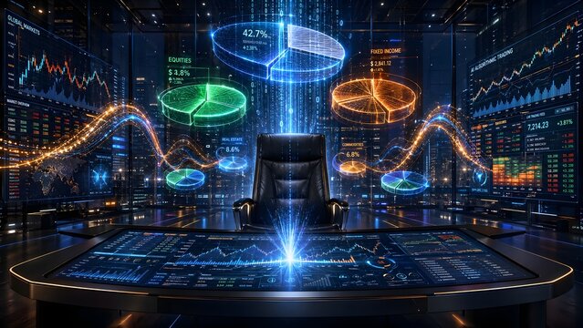 Futuristic Dark Futuristic Trading Room with Pie Charts and Stock Market Data Displays
