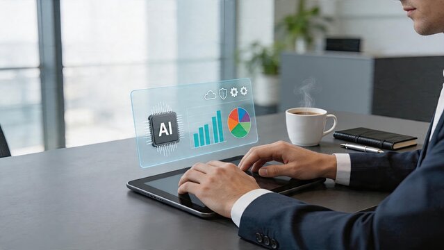 Businessman using tablet analyzing artificial intelligence holographic data with cloud security protection shield icons AI chip symbol and charts in modern office setting