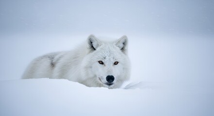 Fototapeta premium A magnificent Arctic wolf rests peacefully in a snowy landscape, its thick fur providing warmth and camouflage against the winter scene, showcasing the animal's resilience in the frozen north