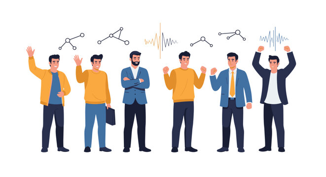 Line of six diverse men standing together with various poses and gestures on a plain white background with icons.