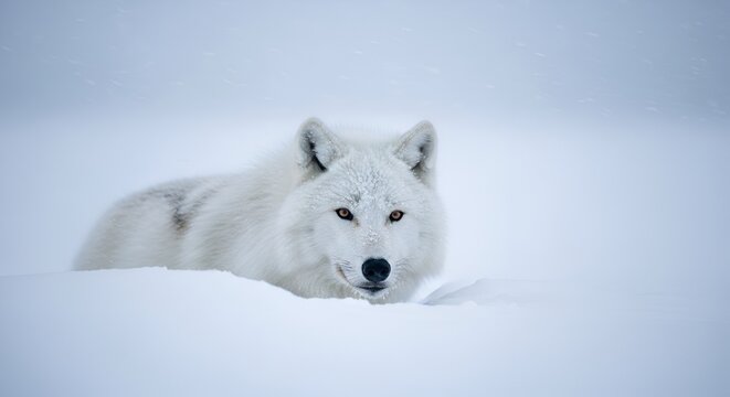 A magnificent Arctic wolf rests peacefully in a snowy landscape, its thick fur providing warmth and camouflage against the winter scene, showcasing the animal's resilience in the frozen north