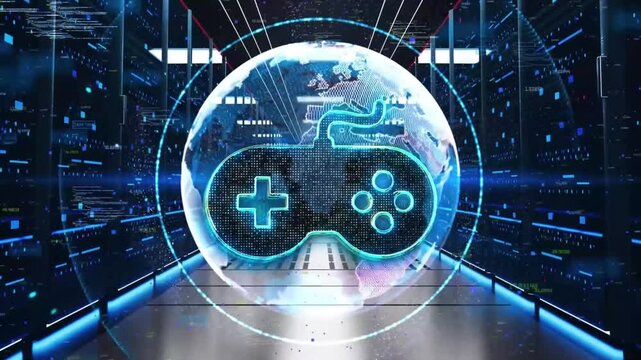 Futuristic Gaming Controller Icon with Digital World Globe in Data Center Server Room Concept