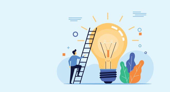 Ambitious man climbing a ladder leaning against a giant glowing light bulb which symbolizes seeking a brilliant idea or innovative solutions.