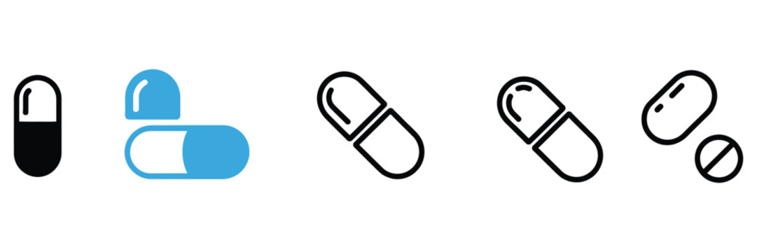 Medicine pills icon set with black and blue capsule symbols for medical use.