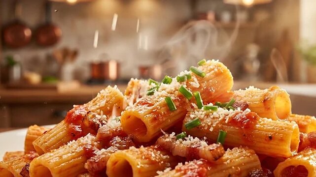 Close-up of steaming rigatoni pasta with rich tomato sauce, crispy bacon, parmesan cheese, and fresh chives in a warm kitchen setting.