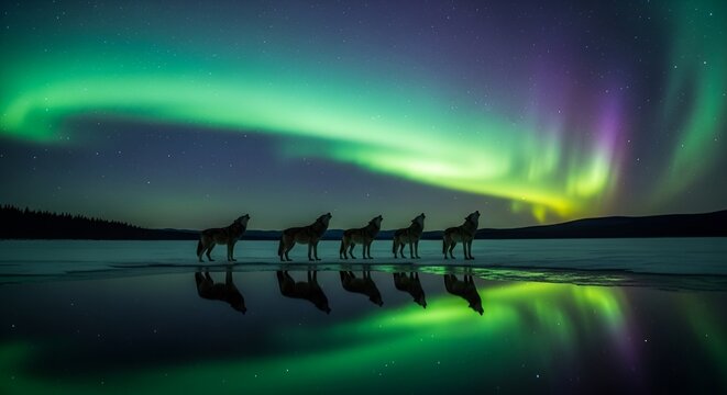 A group of timber wolves serenades the dazzling spectacle of the northern lights as their reflections shimmer on the serene water's surface during an enchanting winter night in the arctic