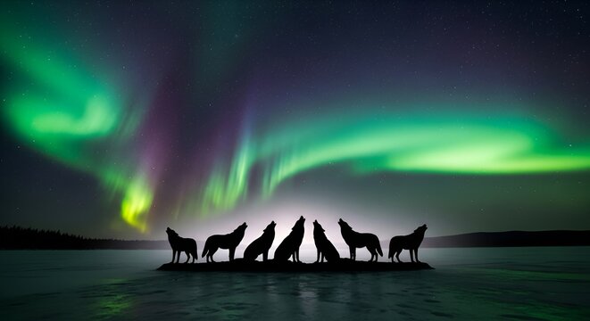 Silhouetted canids send out their powerful calls during the mesmerizing aurora borealis display, casting a dramatic effect across the icy waters in the serene and breathtaking northern