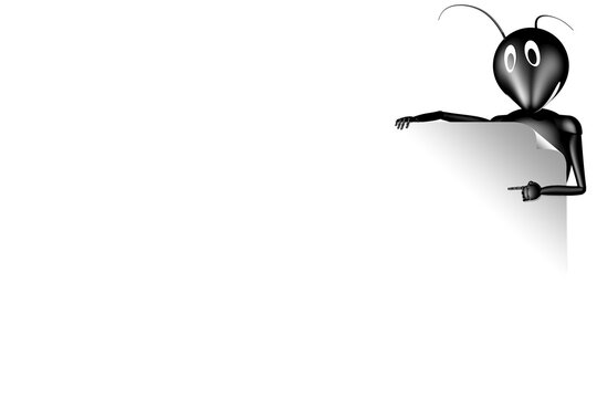Formica cartoon che indica un grande spazio bianco per messaggi o contenuti. Immagine ideale per comunicazione, educazione, presentazioni e materiali promozionali.