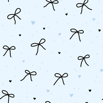 Seamless pattern with black ribbon bows, hearts and dots. Vector illustration. Texture for print.