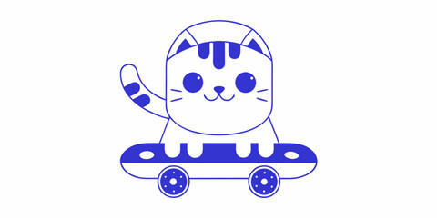 Cat on skateboard blue line drawing on a white background © Bivuti