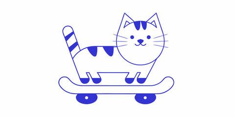 Cat on skateboard playful blue line drawing on white background © Bivuti