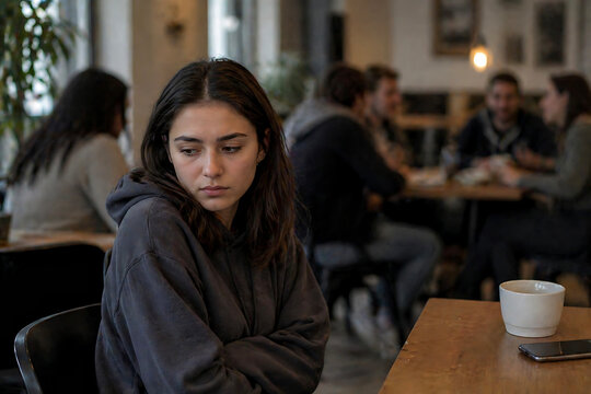 Young woman feeling lonely sitting alone in cafe while others socialize in background