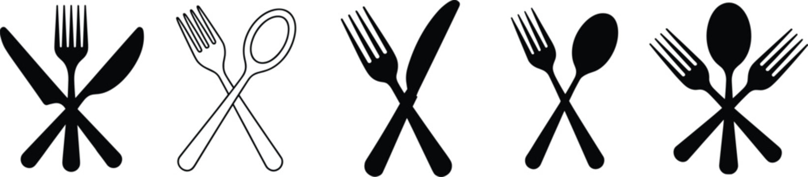 Cutlery silhouette collection featuring fork knife and spoon combinations in crossed arrangements isolated on white background for restaurant and kitchen design
