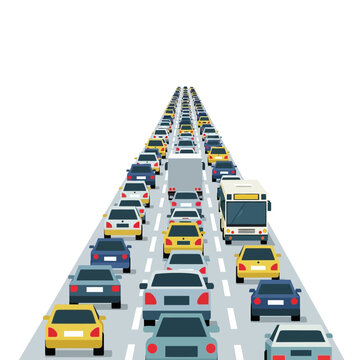 Heavy traffic jam on a highway with many cars and a bus, illustration