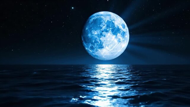 A serene nighttime scene with a large blue moon shining brightly over calm ocean waters