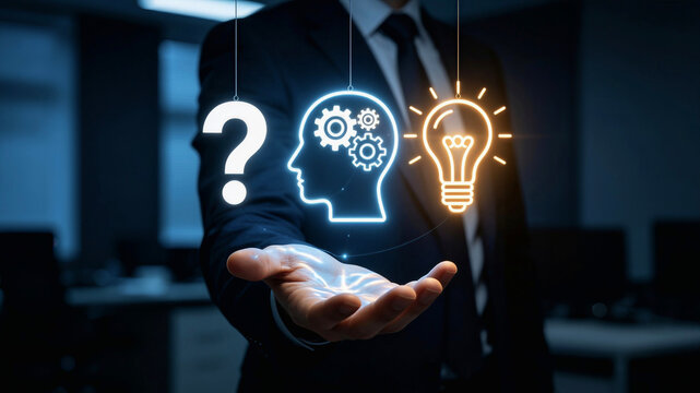 Businessman holding glowing question mark, human head with gears, and light bulb icons: Concept of problem solving, creative thinking, and innovative ideas.