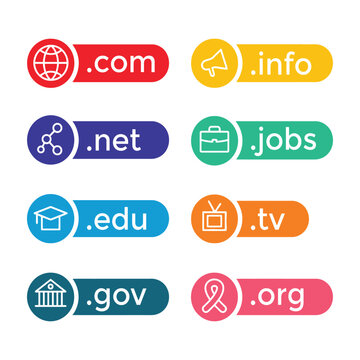 Colorful internet domain extension icons on white background for web design  various top level domain labels