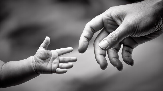 Large adult hand reaching out to touch the tiny soft fingers of a newborn infant in this tender black and white artistic close up shot