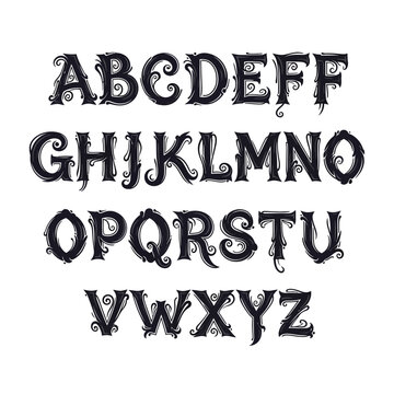 Ornate Alphabet Letters, Decorative Font, Vintage Style Typography, Black and White ABC Set