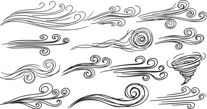 Hand drawn black ink wind gust swirls, breeze curves, and tornado spiral doodle icons set, isolated on a white background.