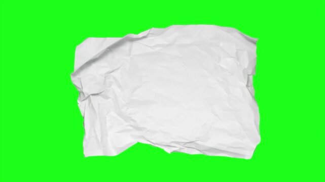 Crumpled white paper isolated on green screen background, wrinkled texture sheet for design mockup, Chroma key backdrop, creative overlay element, high resolution 4k