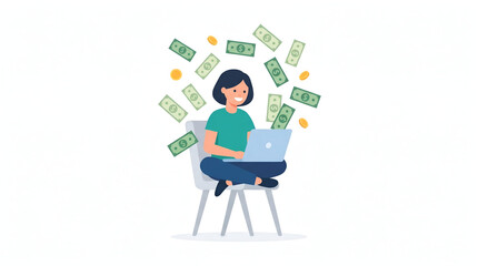 Fototapeta premium Happy Young Woman Earning Online Income with Laptop, Surrounded by Falling Money – Digital Finance Success and Remote Work Illustration