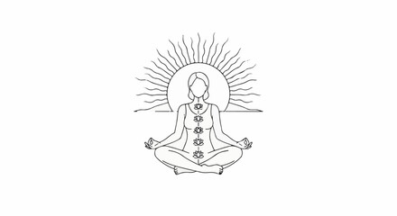 Obraz premium Line drawing of a person meditating with lotus flowers and sun