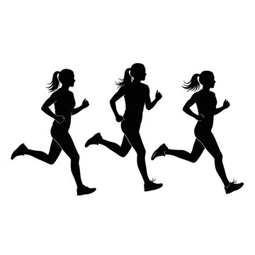 Three female runners silhouettes in motion, side view, isolated on white background