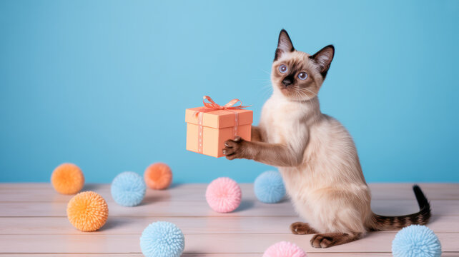 Adorable siamese kitten holding a small orange gift box with both front paws while sitting on a light wooden surface against a blue backdrop