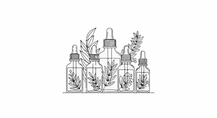 Obraz premium Line drawing of five dropper bottles with botanical elements