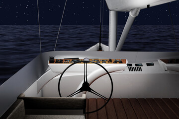 Barca a vela. Yacht a vela di lusso. Visione di notte dal ponte di comando con timone, Sullo sfondo cielo e mare notturno. © massimo_g